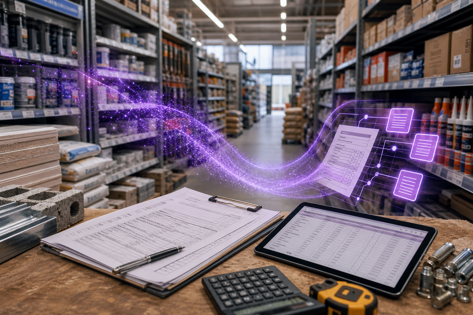 Wholesale quote paperwork in a construction supplies aisle transformed by a Multibot purple data stream
